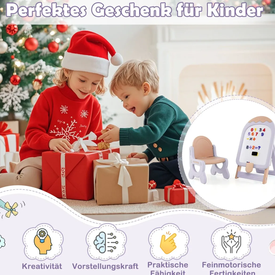 Kinder Staffelei mit Stuhl Kindertafel Höhenverstellbar & Klappbar mit Whiteboard & Aufbewahrungsbox Lila