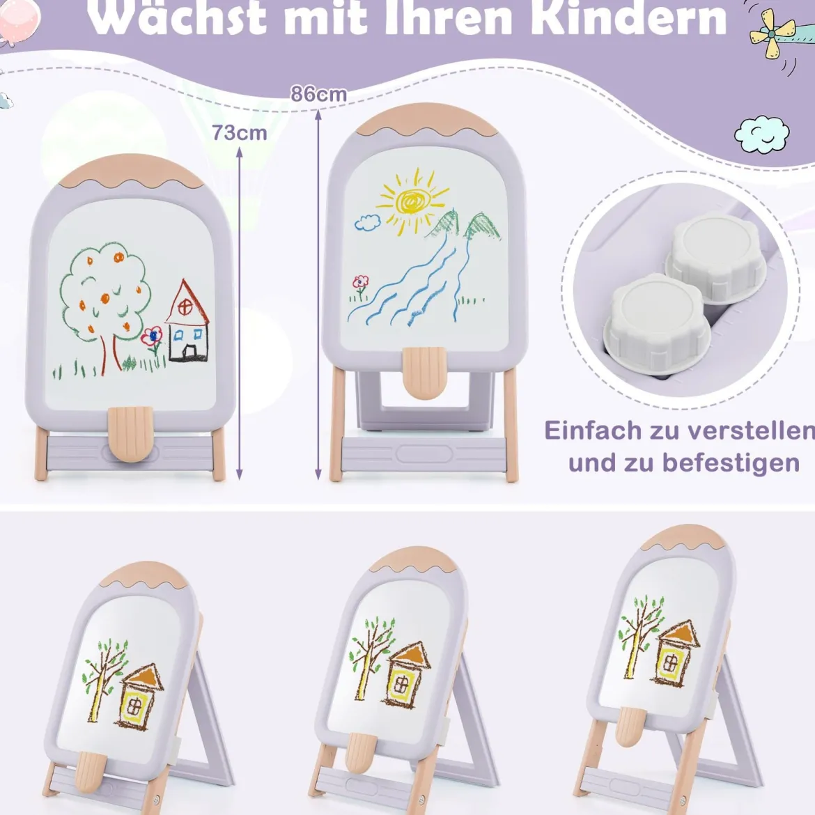 Kinder Staffelei mit Stuhl Kindertafel Höhenverstellbar & Klappbar mit Whiteboard & Aufbewahrungsbox Lila