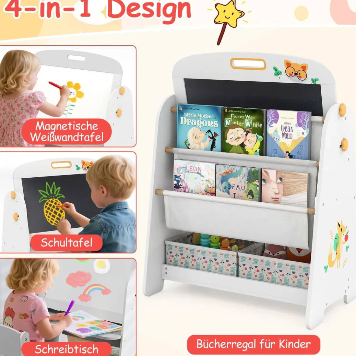 Kinder Staffelei mit Stuhl Kindertafel mit Bücherregal & Magnetischer Kreidetafel & Weißtafel Grau