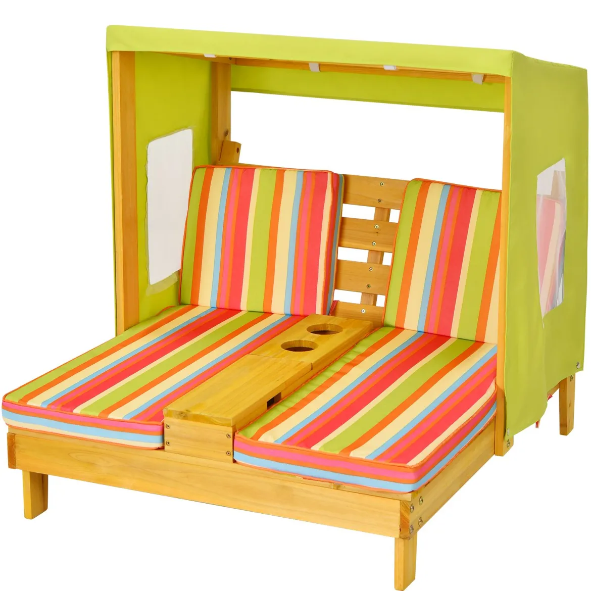 Kinderstuhl mit Getränkehaltern 2-Sitzer mit Markise aus Holz 93 x 85 x 88 cm Bunt