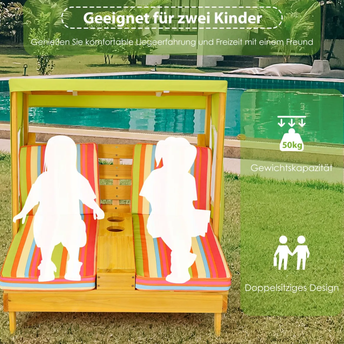 Kinderstuhl mit Getränkehaltern 2-Sitzer mit Markise aus Holz 93 x 85 x 88 cm Bunt