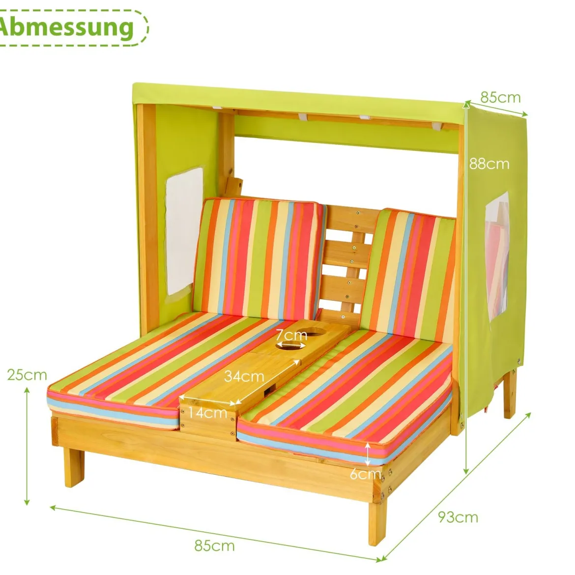 Kinderstuhl mit Getränkehaltern 2-Sitzer mit Markise aus Holz 93 x 85 x 88 cm Bunt