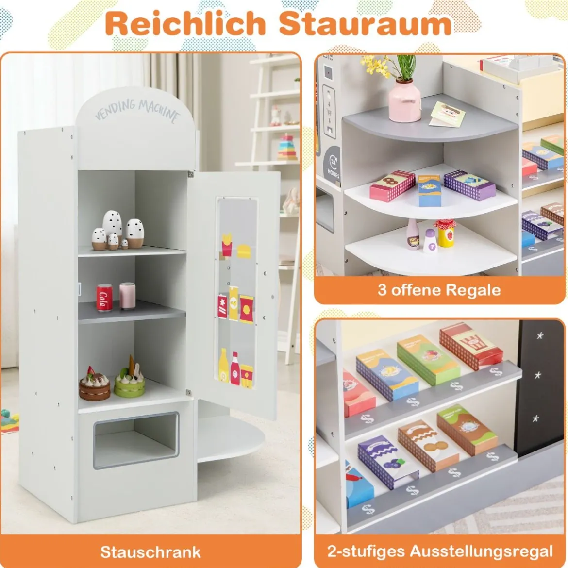 Kinder Supermarkt Spielset mit Kasse & POS-Maschine & Verkaufsautomat & Tafel Grau