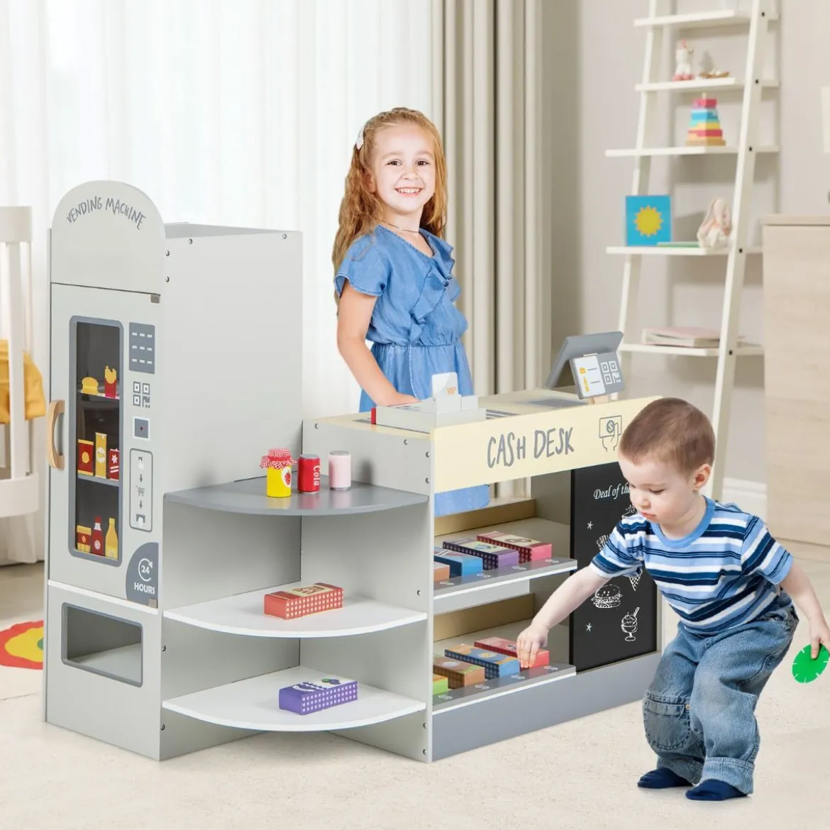 Kinder Supermarkt Spielset mit Kasse & POS-Maschine & Verkaufsautomat & Tafel Grau