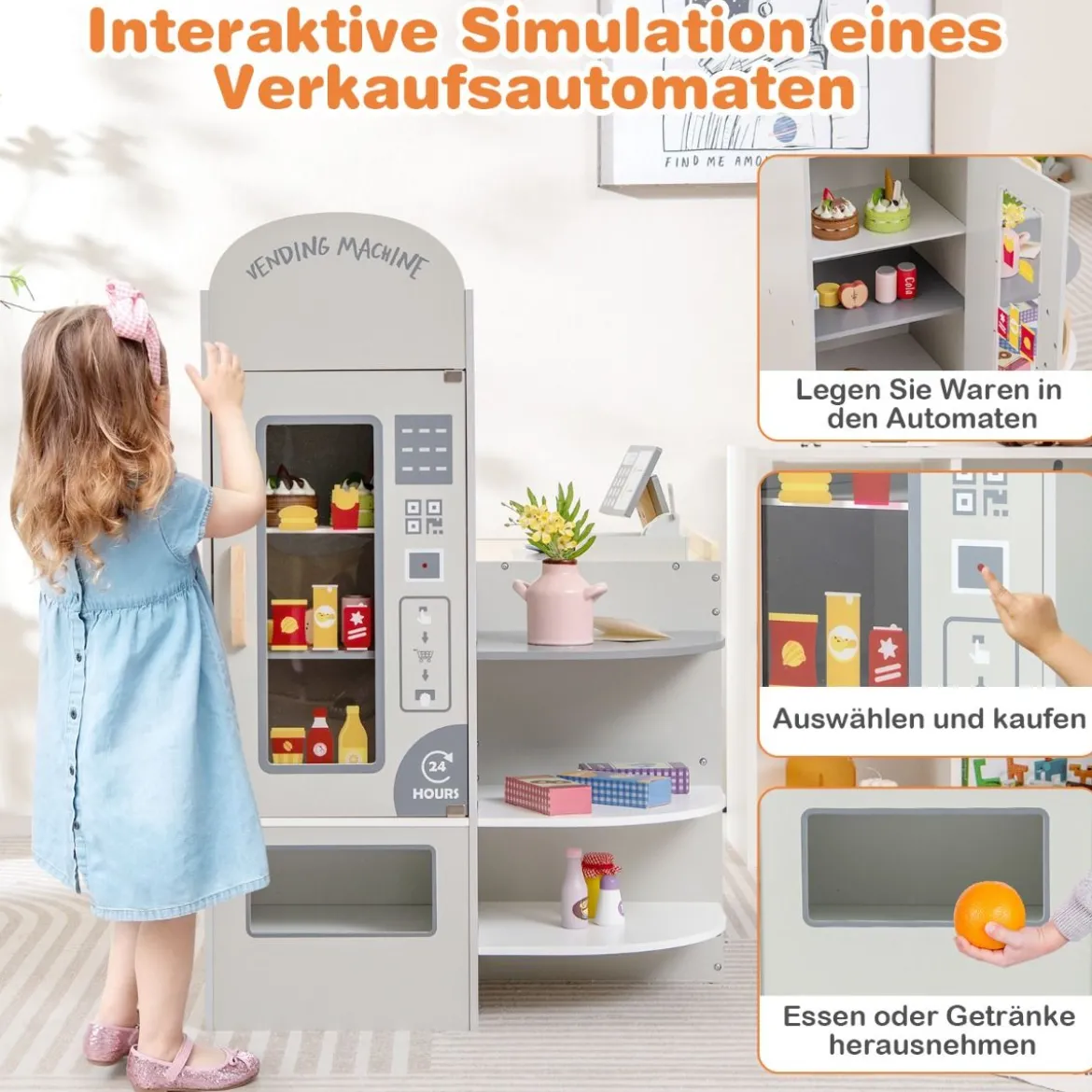 Kinder Supermarkt Spielset mit Kasse & POS-Maschine & Verkaufsautomat & Tafel Grau