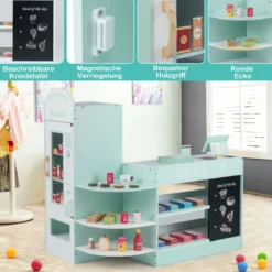 Kinder Supermarkt Spielset mit Kasse & POS-Maschine & Verkaufsautomat & Tafel Minzgrün