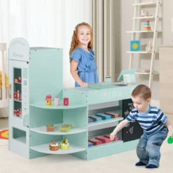 Kinder Supermarkt Spielset mit Kasse & POS-Maschine & Verkaufsautomat & Tafel Minzgrün