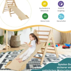 Kindertagesstätte Dreieckiges Klettergerüst aus Holz mit Rampe Natur