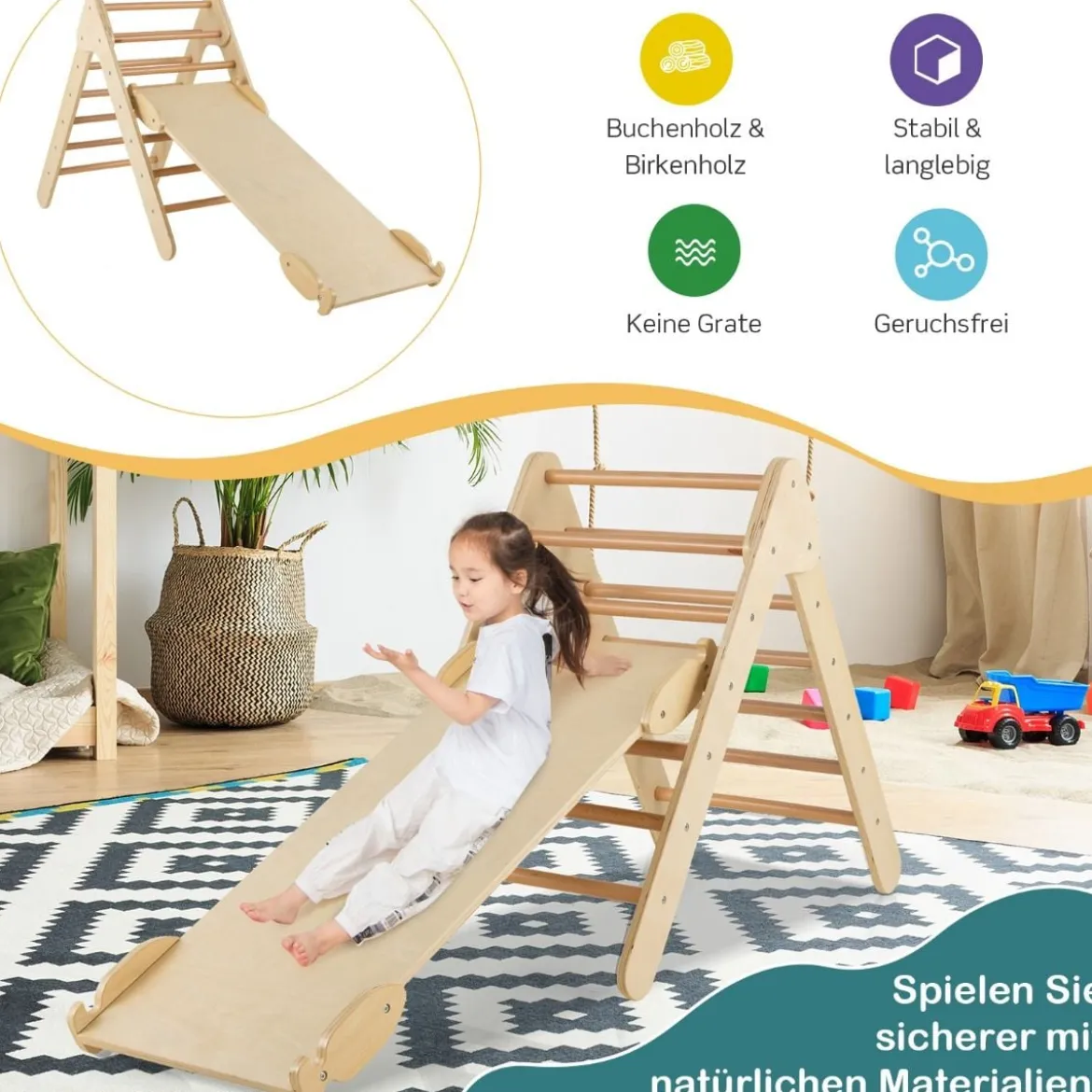 Kindertagesstätte Dreieckiges Klettergerüst aus Holz mit Rampe Natur