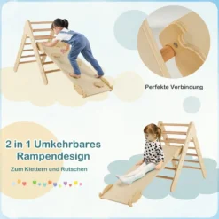 Kindertagesstätte Dreieckiges Klettergerüst aus Holz mit Rampe Natur
