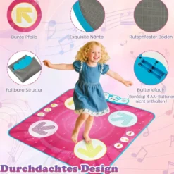 Kinder Tanzmatte mit Led-Leuchten & Memory-Spiel & 8 Musik Musikmatte Musik Matte Rosa