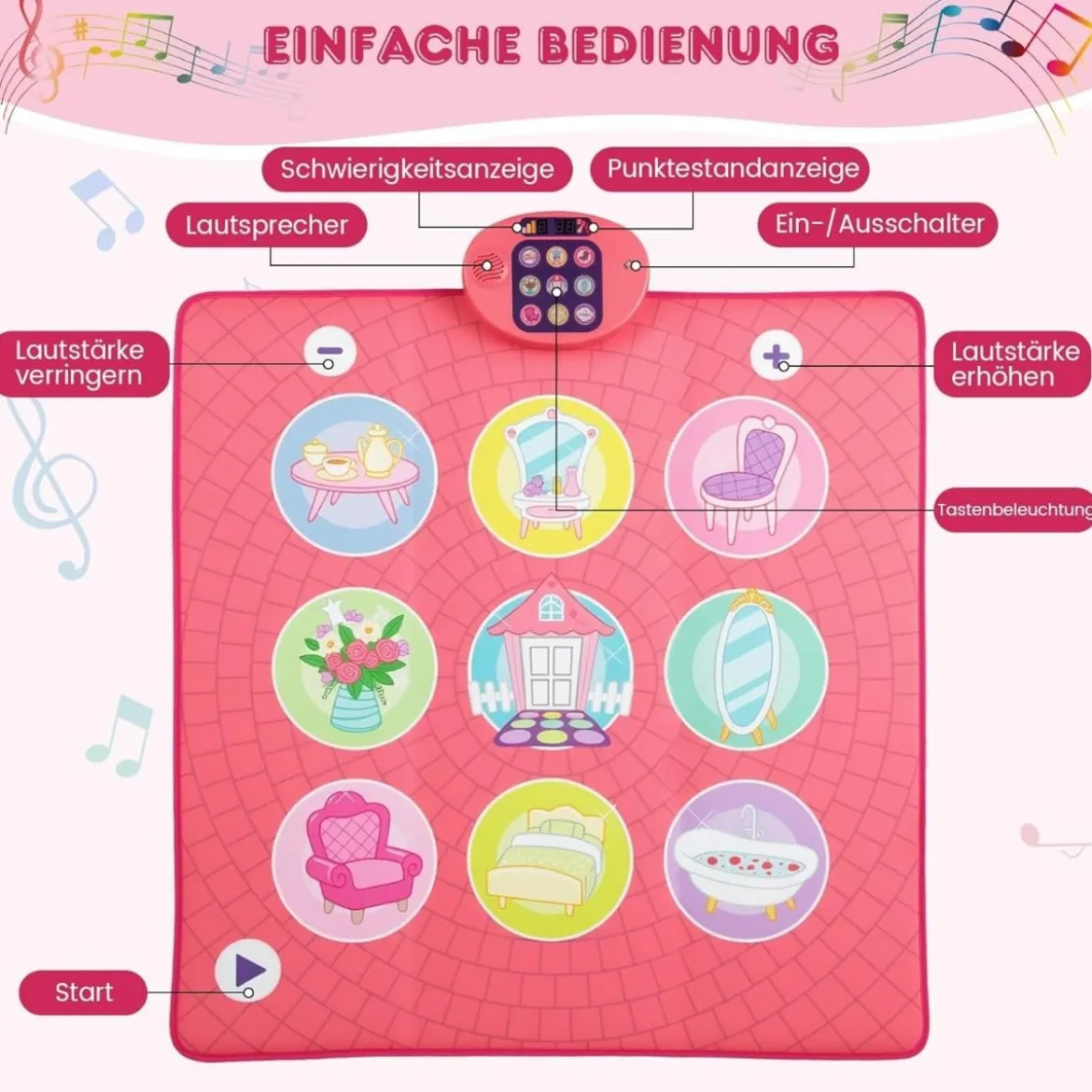 Kinder Tanzmattemit 5 Modi & 9 Klavierklängen & 9 Demo Tanz Spielzeug Rosa