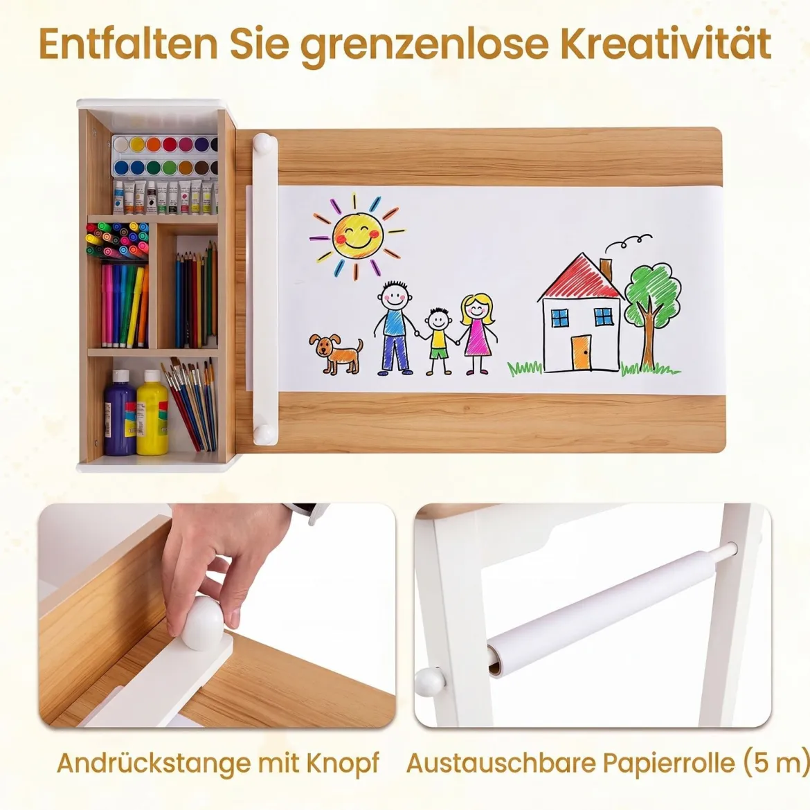 Kindertisch aus Holz Kindersitzgruppe mit 2 Stühlen 4 Fächer 6 Stoffkörben & Papierrolle Natur