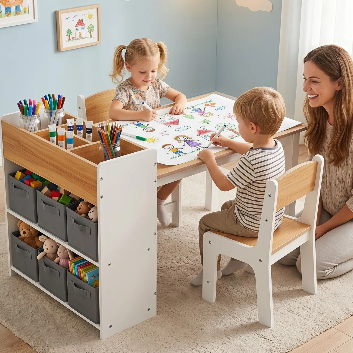 Kindertisch aus Holz Kindersitzgruppe mit 2 Stühlen 4 Fächer 6 Stoffkörben & Papierrolle Natur