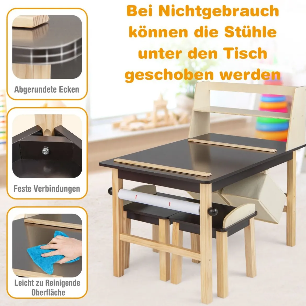 Kindertisch & 2 Hocker Set aus Kunsttisch & Stühlen für Kinder Kaffee + Natur