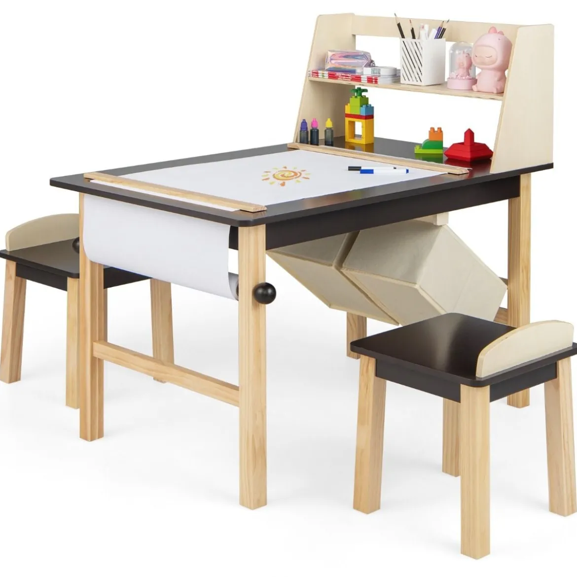 Kindertisch & 2 Hocker Set aus Kunsttisch & Stühlen für Kinder Kaffee + Natur