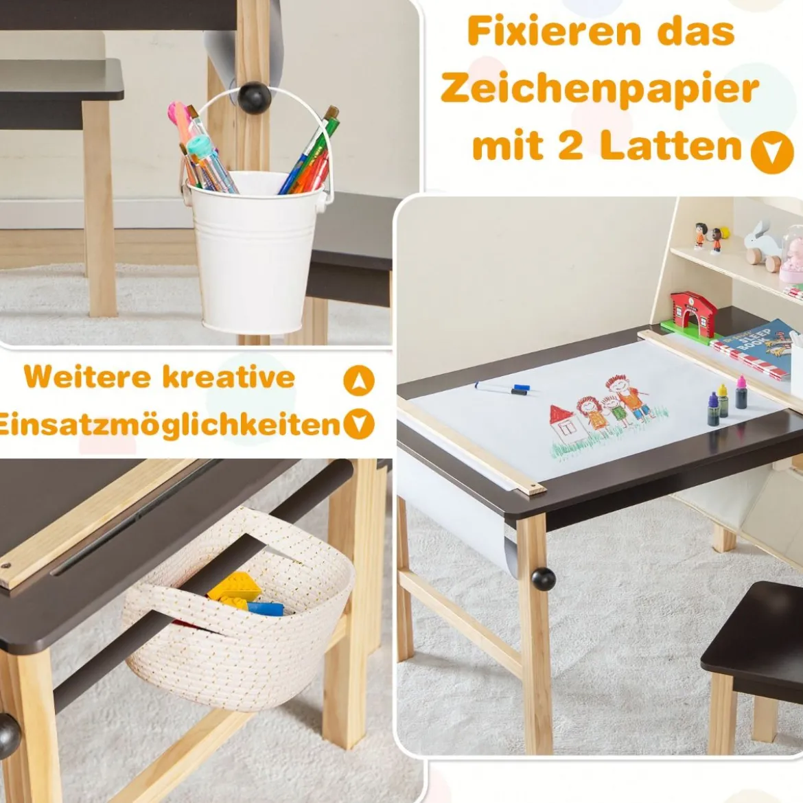 Kindertisch & 2 Hocker Set aus Kunsttisch & Stühlen für Kinder Kaffee + Natur
