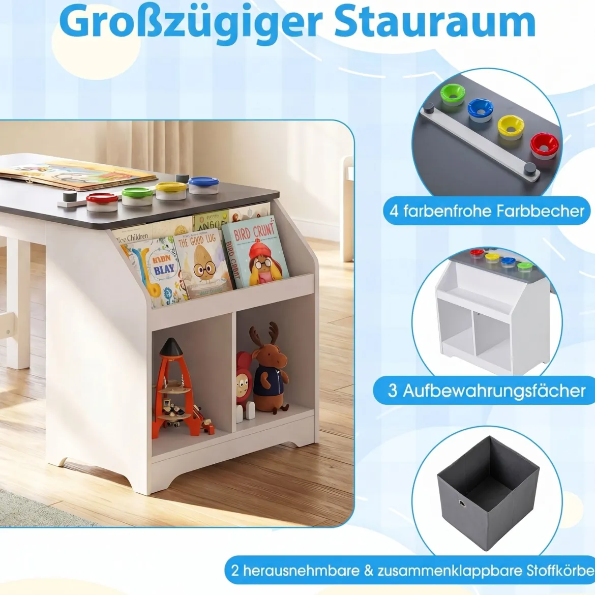 Kinder Tisch & Hockerset Kindersitzgruppe Holz mit Papierrollenhalter Papierrolle & 4 Farbbechern
