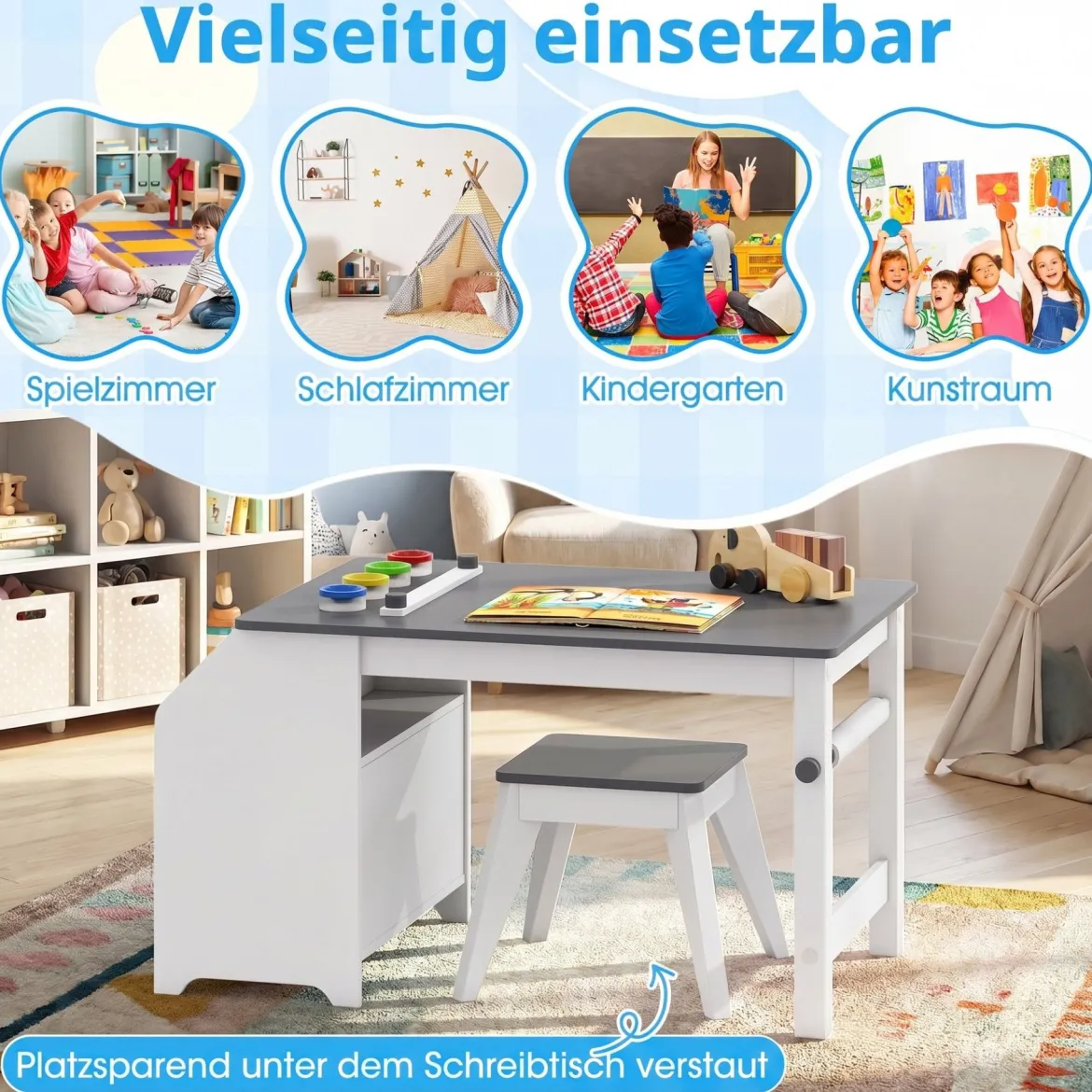 Kinder Tisch & Hockerset Kindersitzgruppe Holz mit Papierrollenhalter Papierrolle & 4 Farbbechern