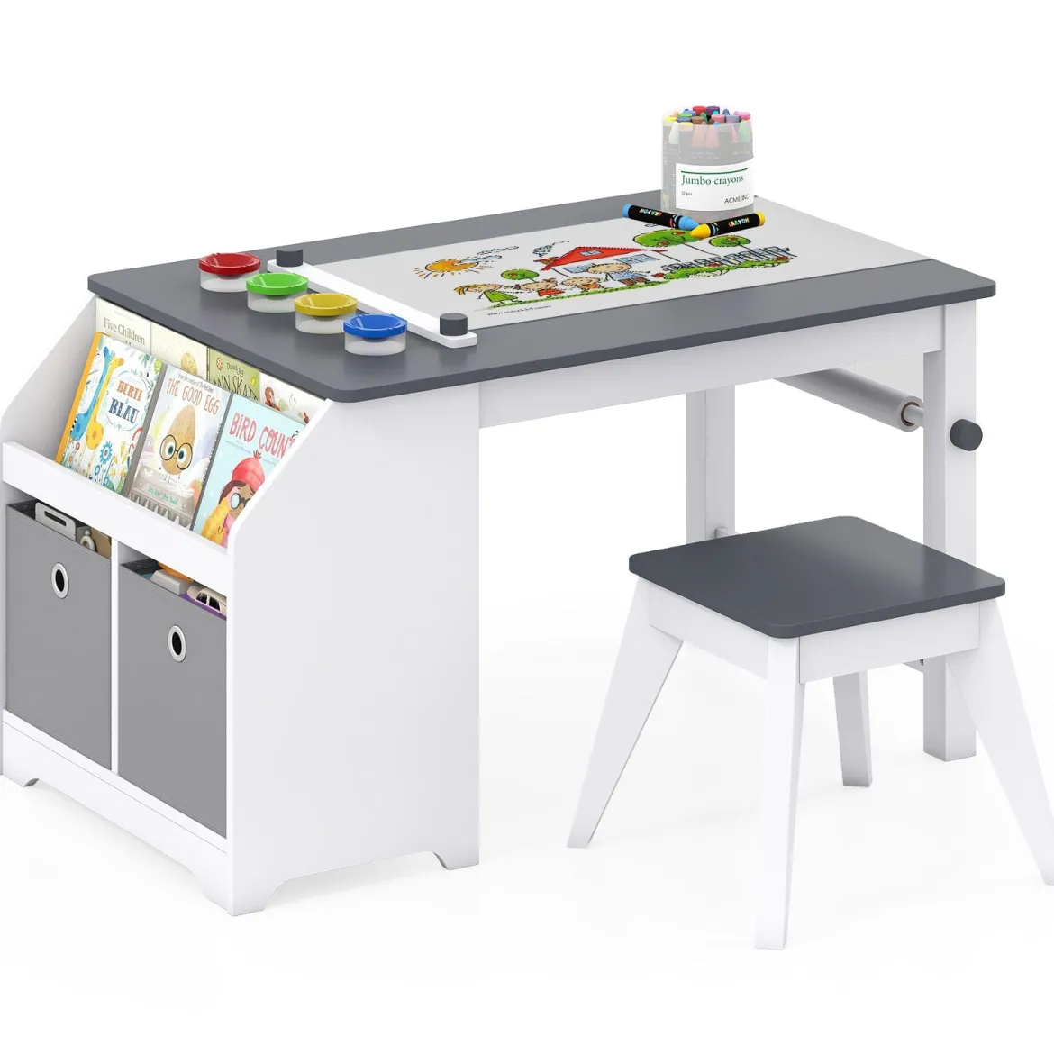 Kinder Tisch & Hockerset Kindersitzgruppe Holz mit Papierrollenhalter Papierrolle & 4 Farbbechern