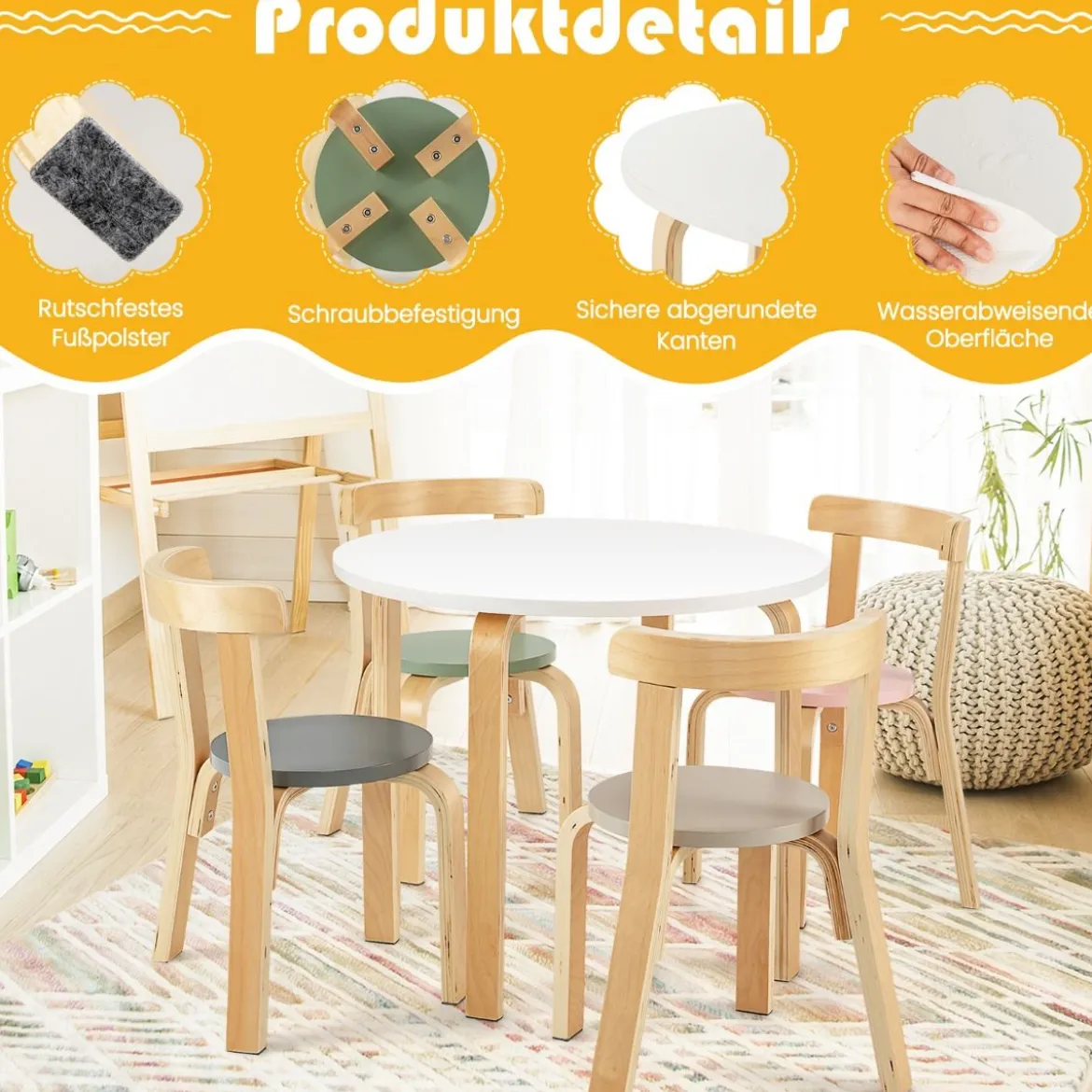 Kindertisch Holztisch mit 4 Stühlen für Kinder Kindertisch- und Stuhl-Set mit Rückenlehne Bunt