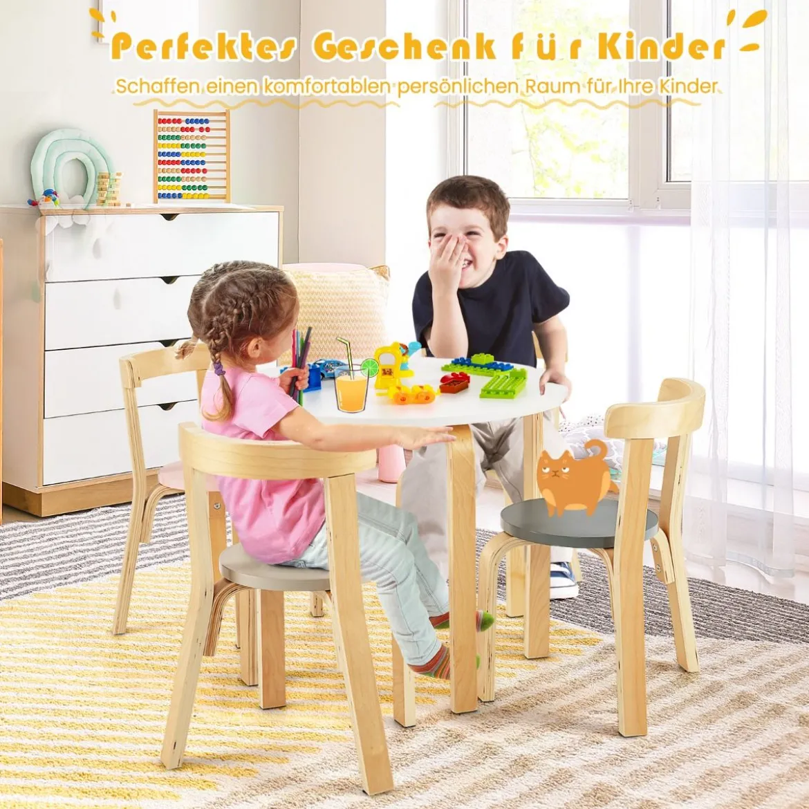 Kindertisch Holztisch mit 4 Stühlen für Kinder Kindertisch- und Stuhl-Set mit Rückenlehne Bunt