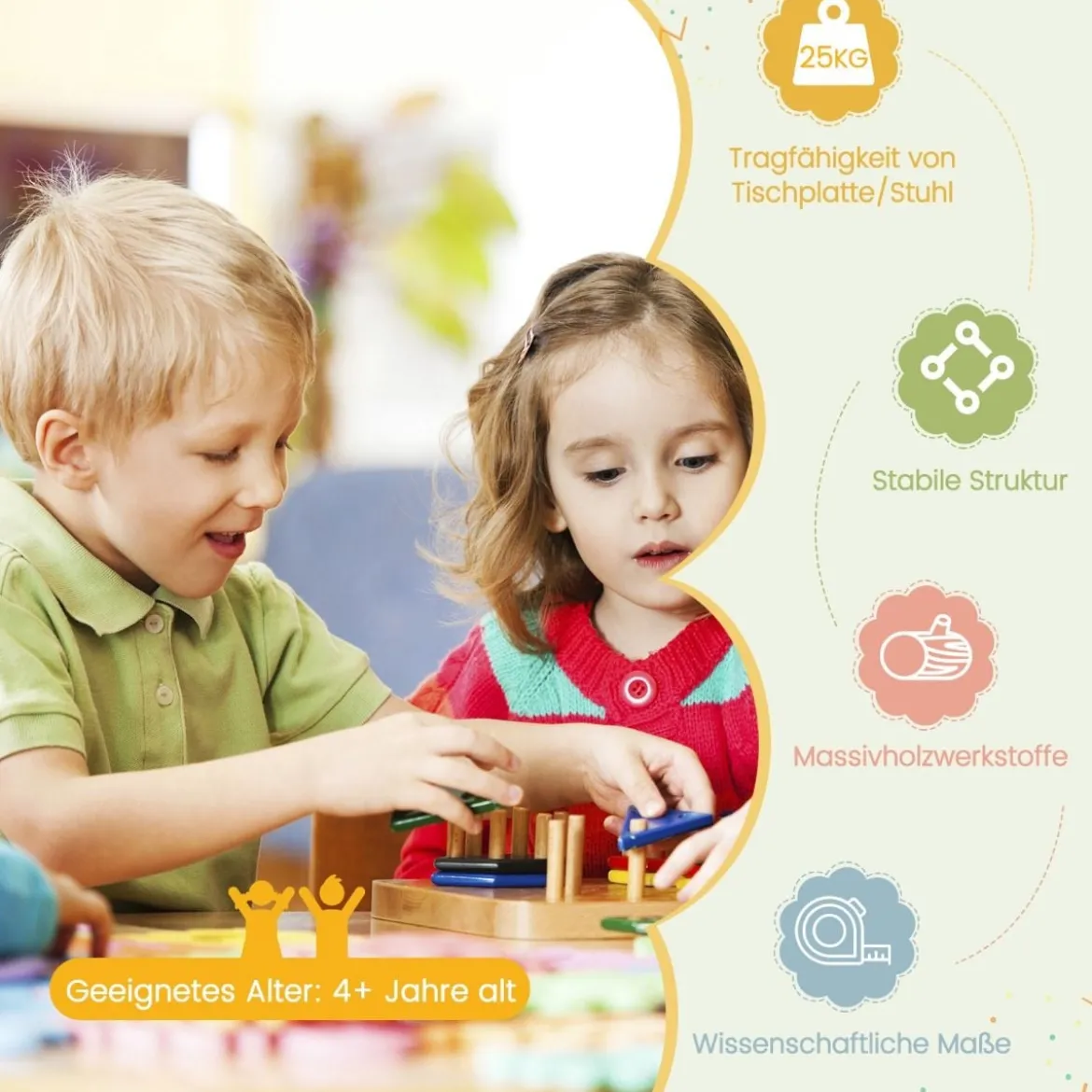 Kindertisch Holztisch mit 4 Stühlen für Kinder Kindertisch- und Stuhl-Set mit Rückenlehne Bunt