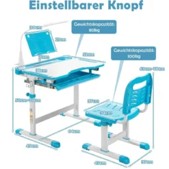Kindertisch Kinderschreibtisch Set mit Bücherständer & LED-Licht für Jungs & Mädchen Blau