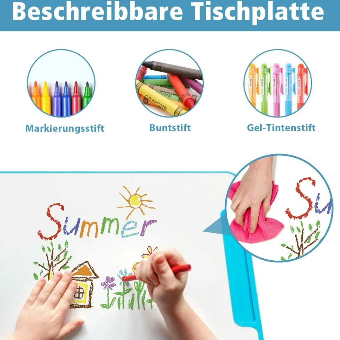 Kindertisch Kinderschreibtisch Set mit Bücherständer & LED-Licht für Jungs & Mädchen Blau