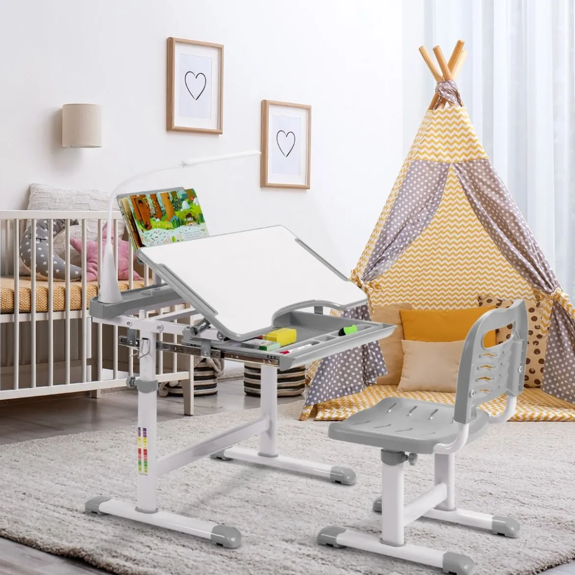 Kindertisch Kinderschreibtisch Set mit Bücherständer & LED-Licht für Jungs & Mädchen Grau