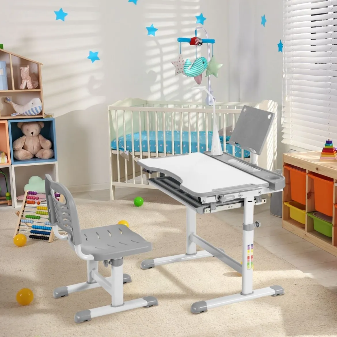 Kindertisch Kinderschreibtisch Set mit Bücherständer & LED-Licht für Jungs & Mädchen Grau
