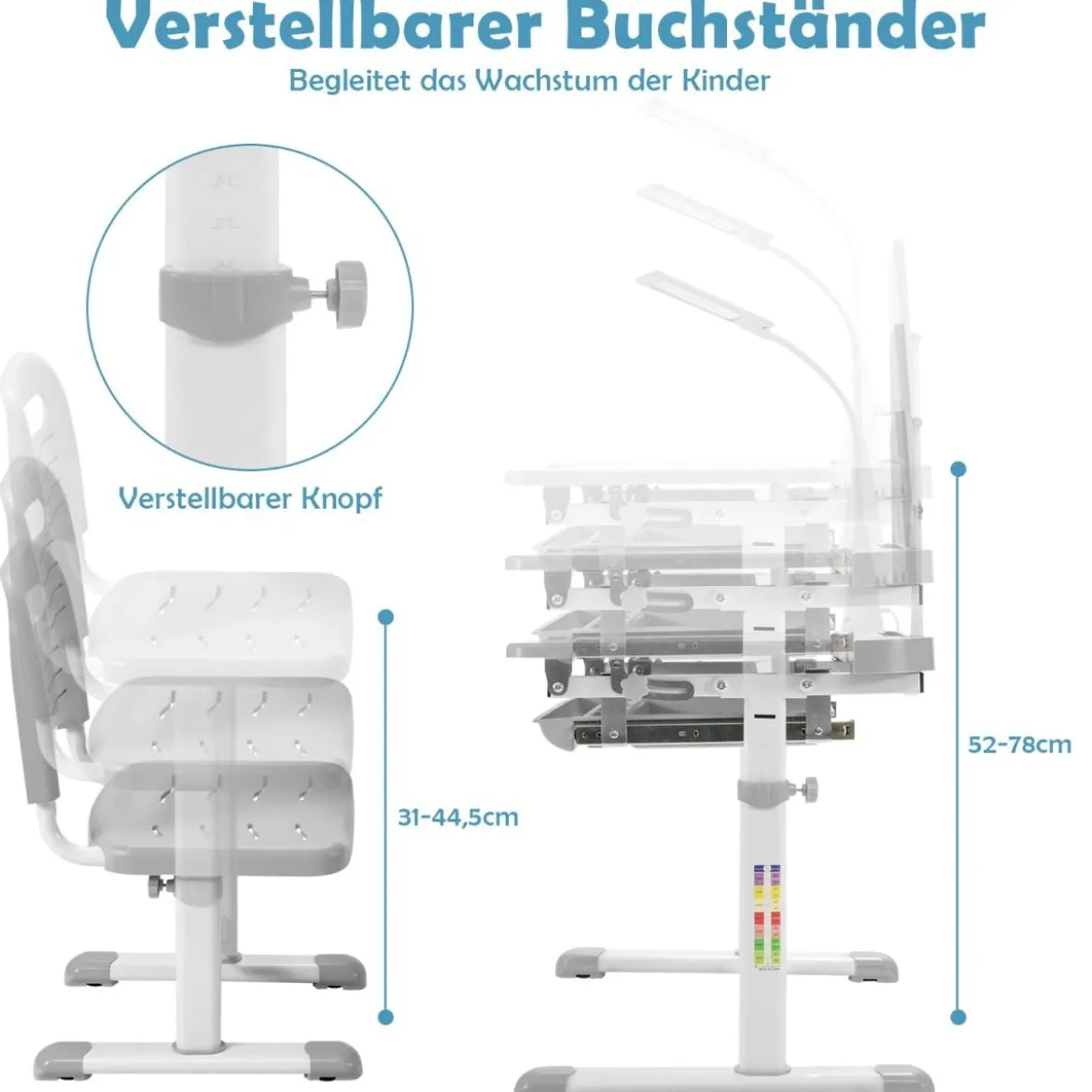 Kindertisch Kinderschreibtisch Set mit Bücherständer & LED-Licht für Jungs & Mädchen Grau
