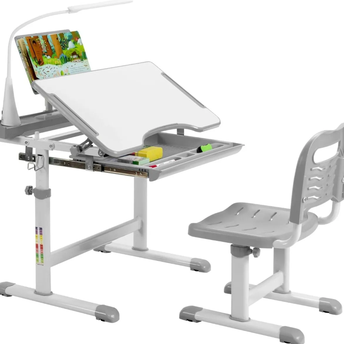 Kindertisch Kinderschreibtisch Set mit Bücherständer & LED-Licht für Jungs & Mädchen Grau