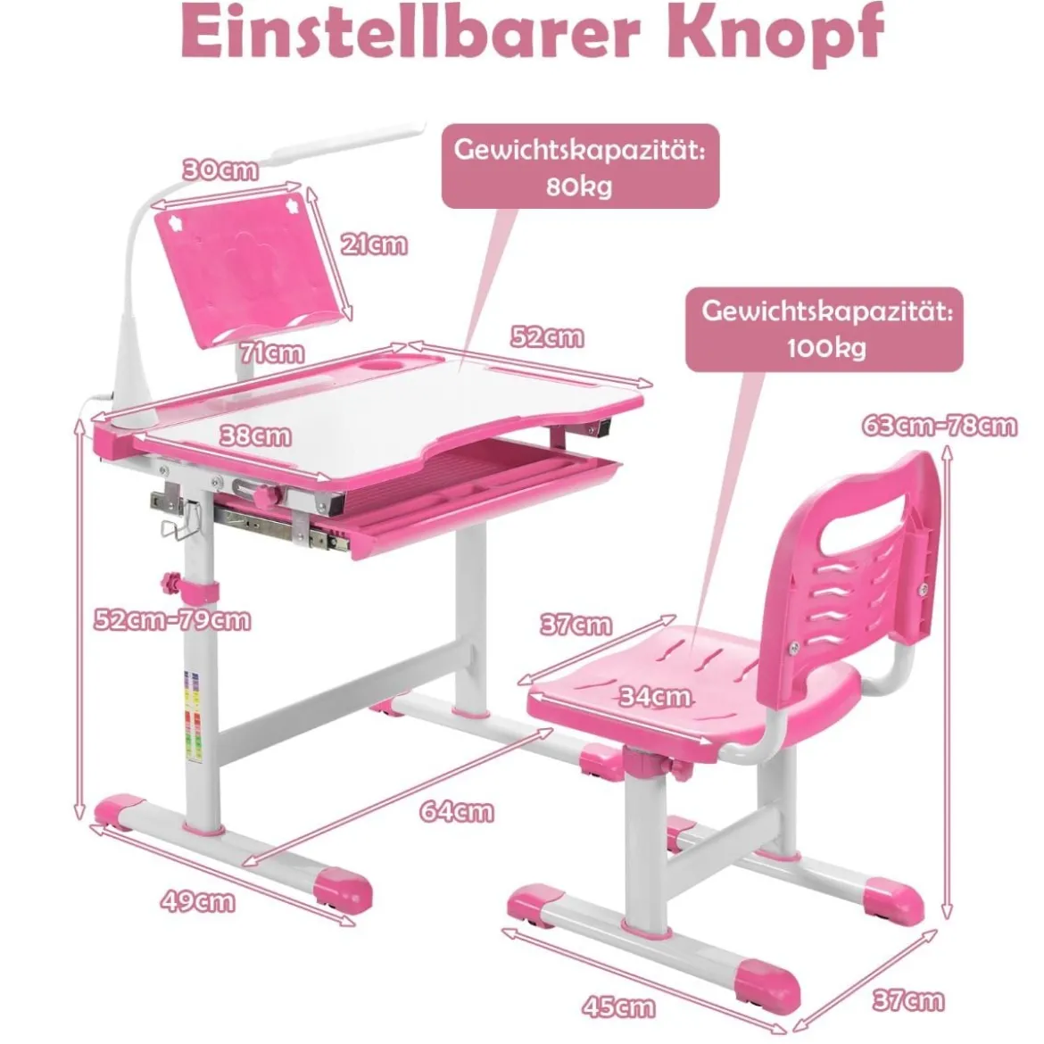 Kindertisch Kinderschreibtisch Set mit Bücherständer & LED-Licht für Jungs & Mädchen Rosa