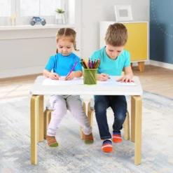 Kindertisch mit 2 Stühlen aus Holz 3tlg. Kindersitzgruppe Sitzgruppe für Kinder Weiß