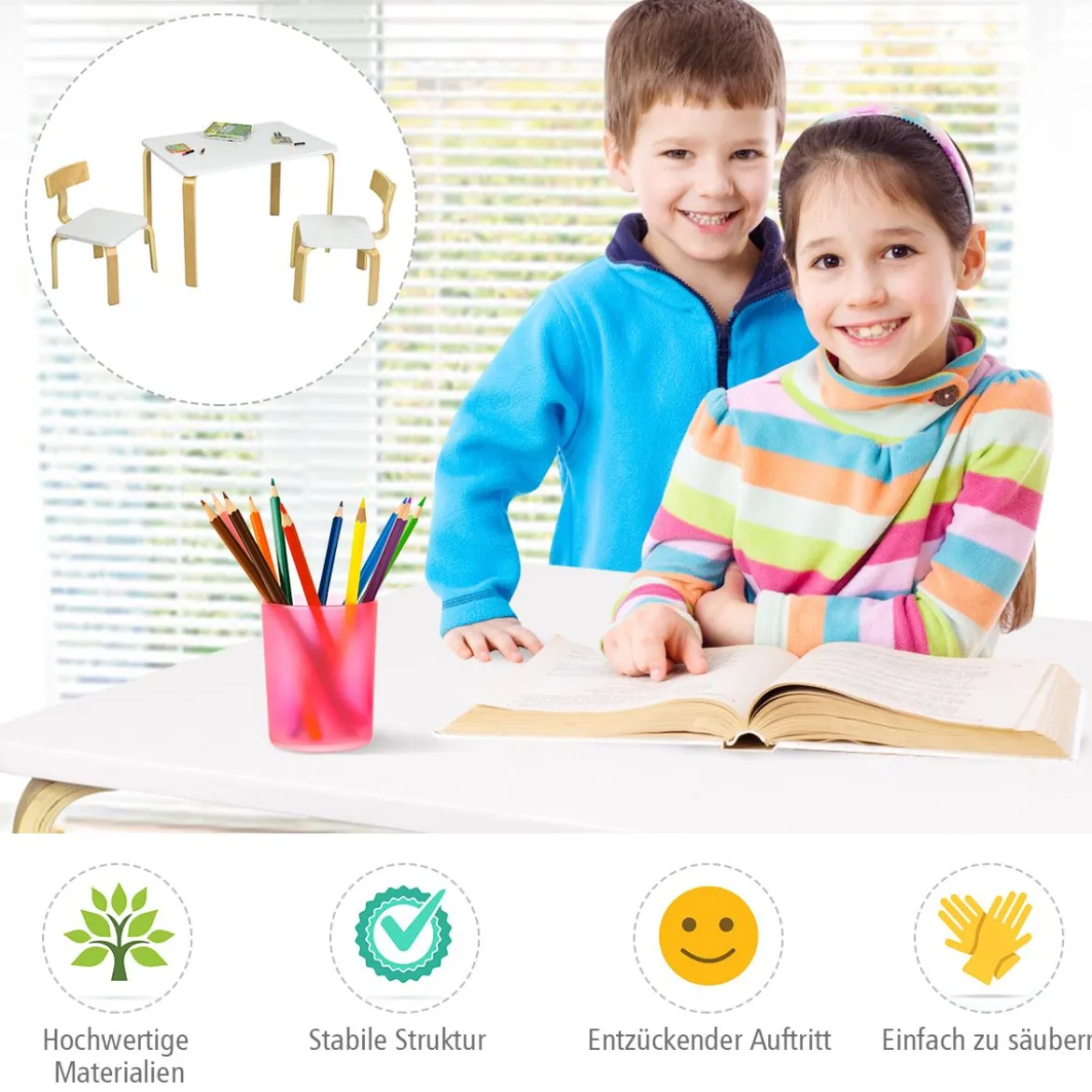 Kindertisch mit 2 Stühlen aus Holz 3tlg. Kindersitzgruppe Sitzgruppe für Kinder Weiß