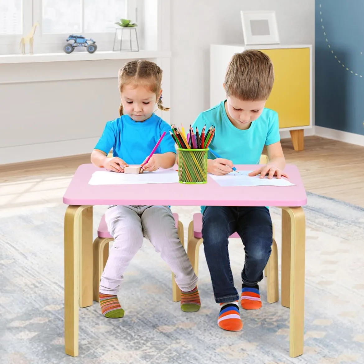Kindertisch mit 2 Stühlen aus Holz 3tlg. Kindersitzgruppe Sitzgruppe für Kinder Rosa