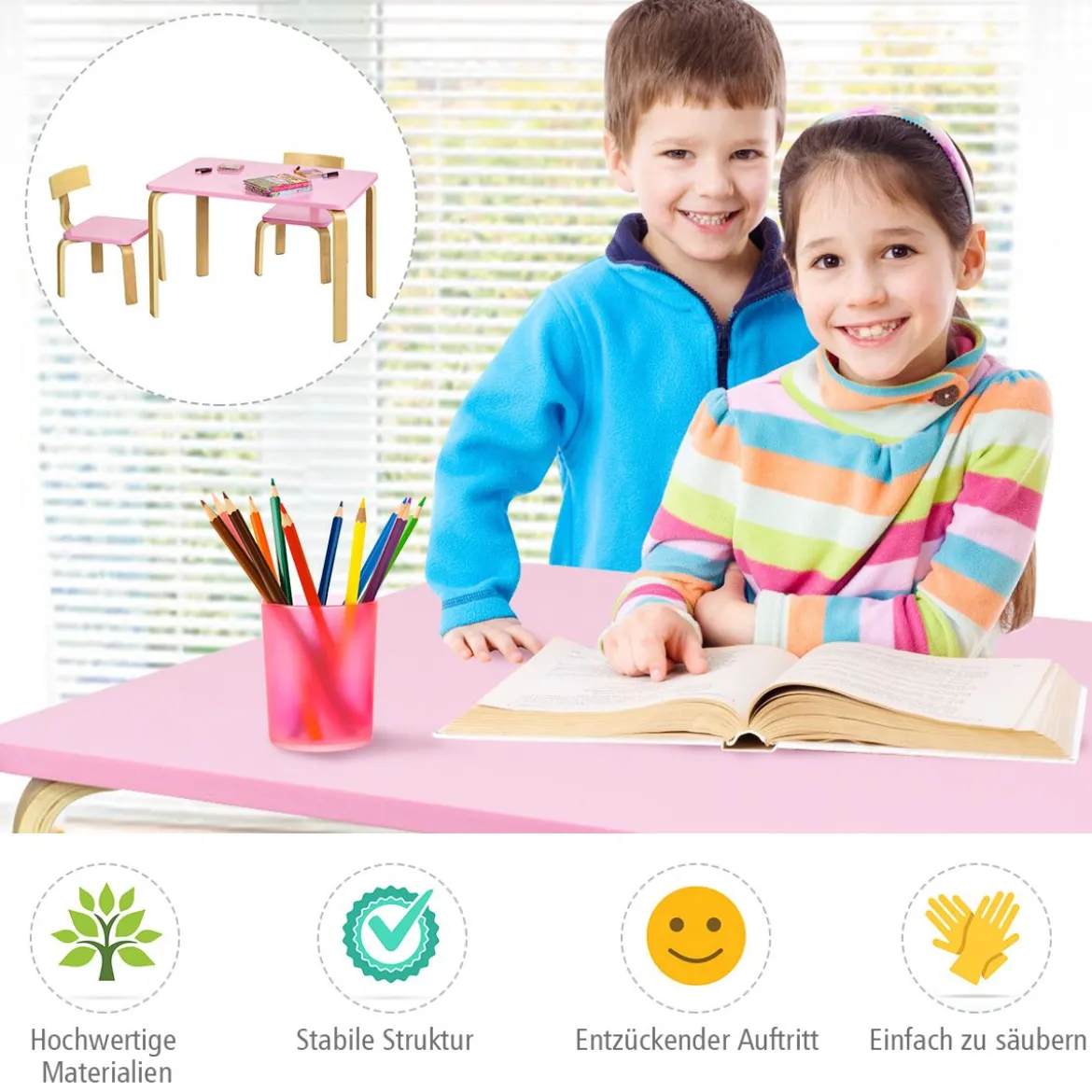 Kindertisch mit 2 Stühlen aus Holz 3tlg. Kindersitzgruppe Sitzgruppe für Kinder Rosa