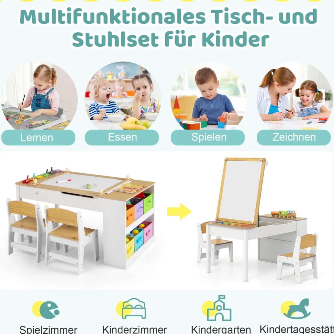 Kindertisch mit 2 Stühlen 3 in 1 Aktivitätstisch & Staffelei aus Holz mit Anhebbarer Tischplatte