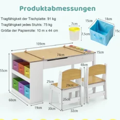 Kindertisch mit 2 Stühlen 3 in 1 Aktivitätstisch & Staffelei aus Holz mit Anhebbarer Tischplatte