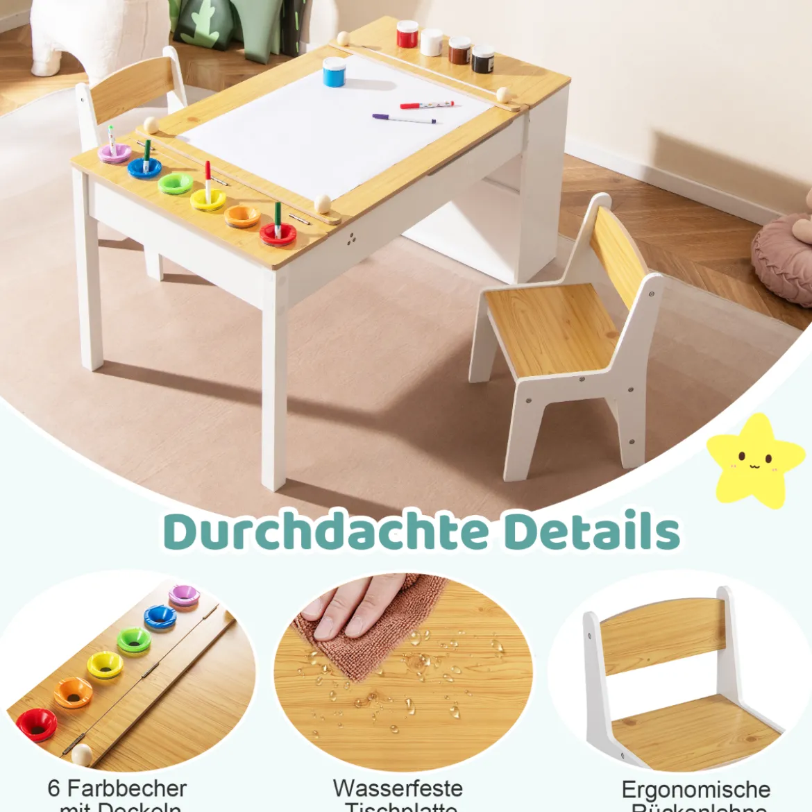 Kindertisch mit 2 Stühlen 3 in 1 Aktivitätstisch & Staffelei aus Holz mit Anhebbarer Tischplatte