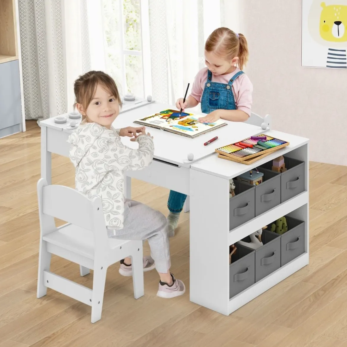 Kindertisch mit 2 Stühlen 3 in 1 Aktivitätstisch & Staffelei aus Holz mit Anhebbarer Tischplatte
