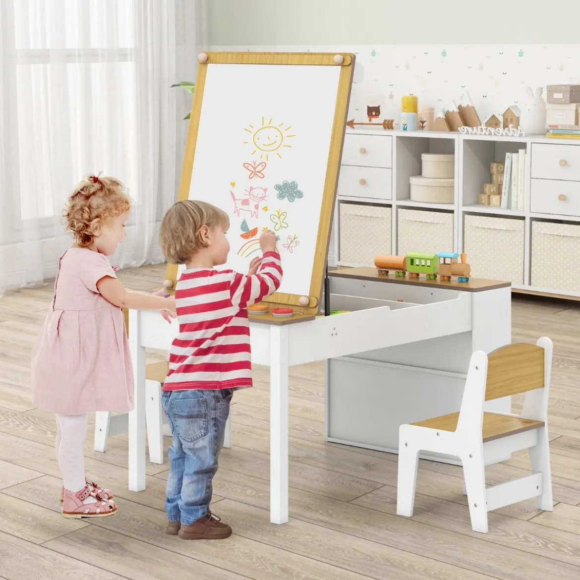 Kindertisch mit 2 Stühlen 3 in 1 Aktivitätstisch & Staffelei aus Holz mit Anhebbarer Tischplatte