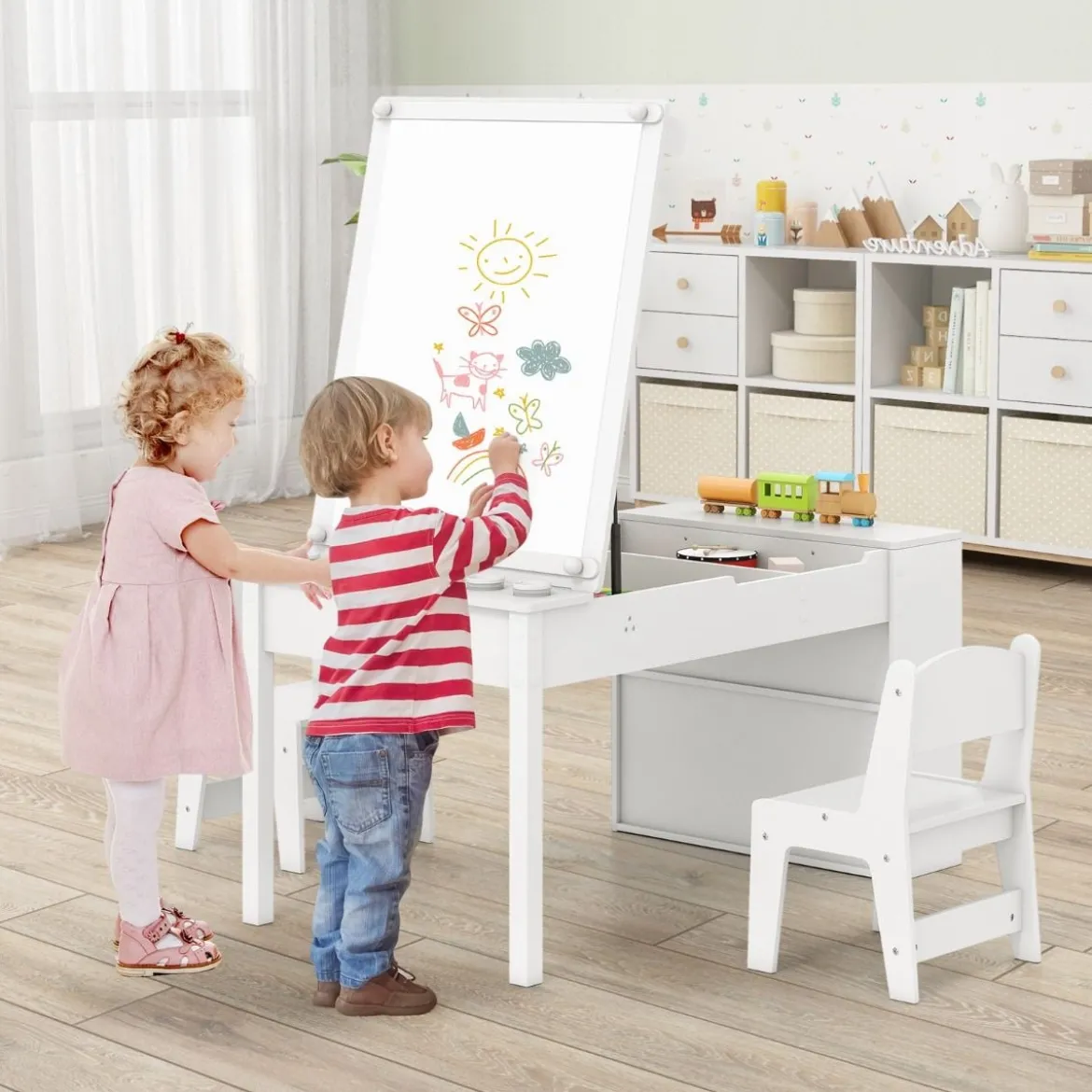 Kindertisch mit 2 Stühlen 3 in 1 Aktivitätstisch & Staffelei aus Holz mit Anhebbarer Tischplatte