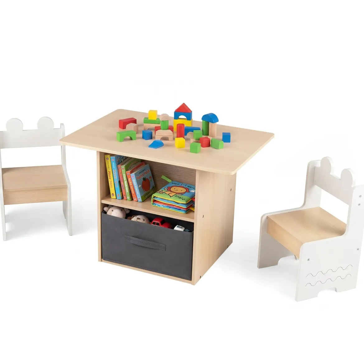 Kindertisch mit 2 Stühlen in Krokodilform 3 TLG. Kindersitzgruppe mit Stauraum & Stoffschublade Weiß+Natur