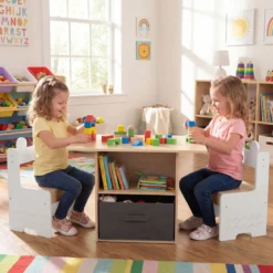 Kindertisch mit 2 Stühlen in Krokodilform 3 TLG. Kindersitzgruppe mit Stauraum & Stoffschublade Weiß+Natur