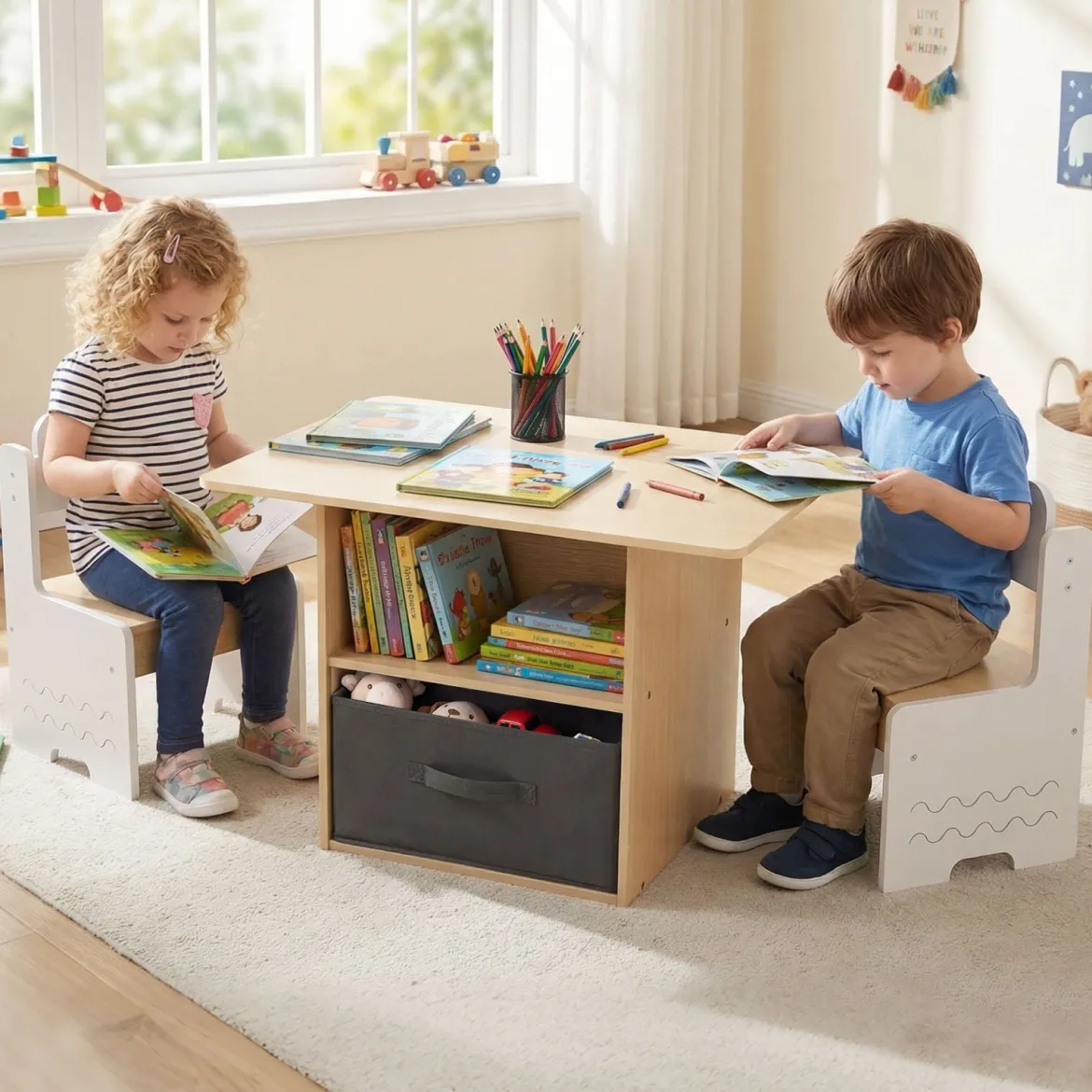 Kindertisch mit 2 Stühlen in Krokodilform 3 TLG. Kindersitzgruppe mit Stauraum & Stoffschublade Weiß+Natur