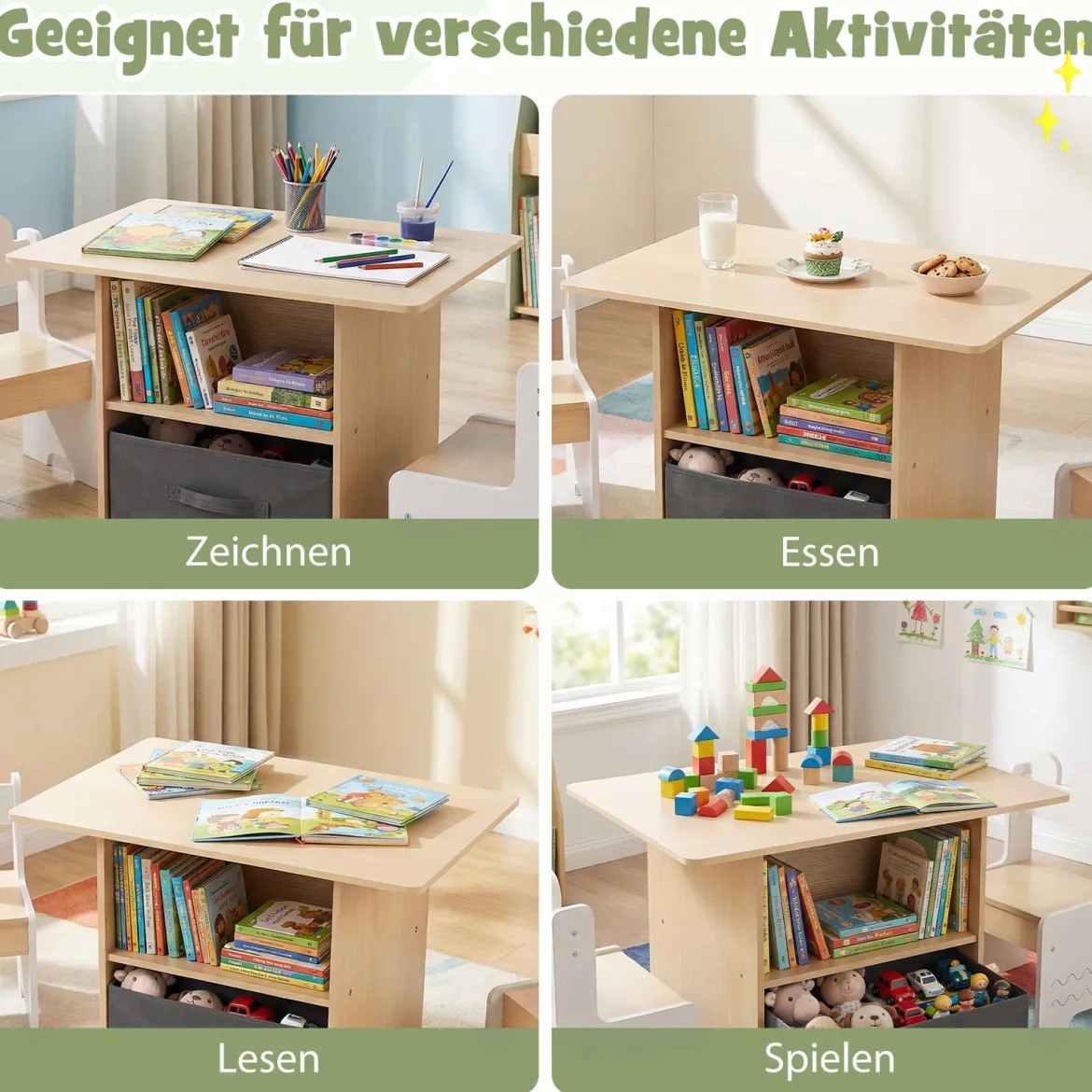 Kindertisch mit 2 Stühlen in Krokodilform 3 TLG. Kindersitzgruppe mit Stauraum & Stoffschublade Weiß+Natur