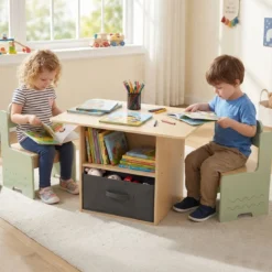 Kindertisch mit 2 Stühlen in Krokodilform 3 TLG. Kindersitzgruppe mit Stauraum & Stoffschublade