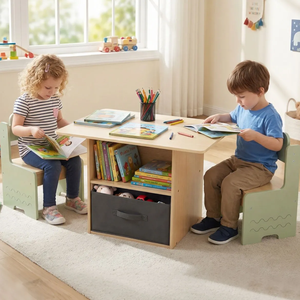 Kindertisch mit 2 Stühlen in Krokodilform 3 TLG. Kindersitzgruppe mit Stauraum & Stoffschublade